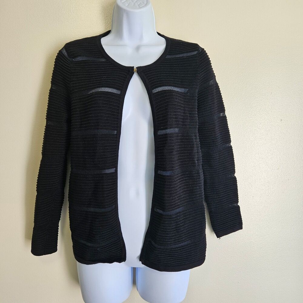 Erin Rose Y2K Open Front Cardigan Textured Kint Sweater Black Women Medium